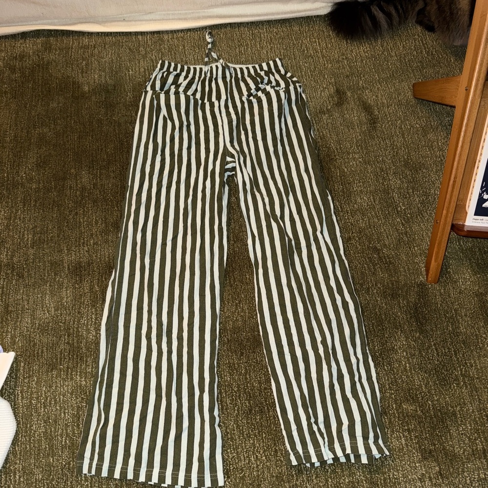Striped Wide-Leg Drawstring Pants - Olive & Light Blue